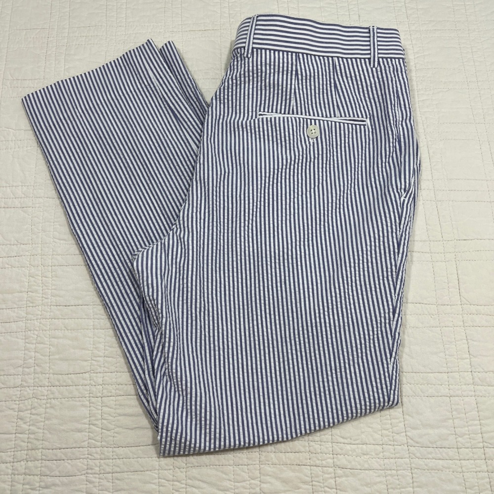 Palm Beach Andrew Mens Blue White Striped Seersucker Cotton Trousers 36R